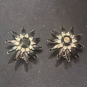 Vintage Black Rhinestone Floral Star Burst Earrings Judy Lee